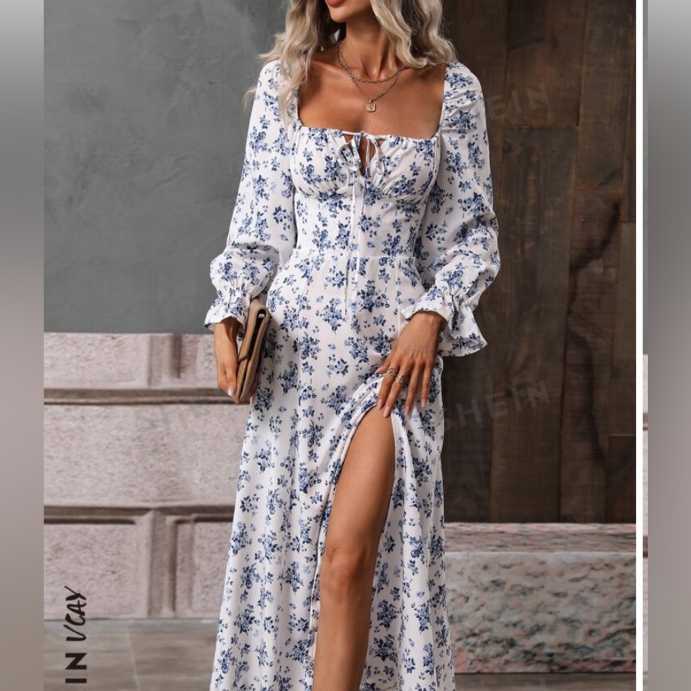 SHEIN VCAY Allover Floral Print Flounce Sleeve Knot Front Split Thigh Dress